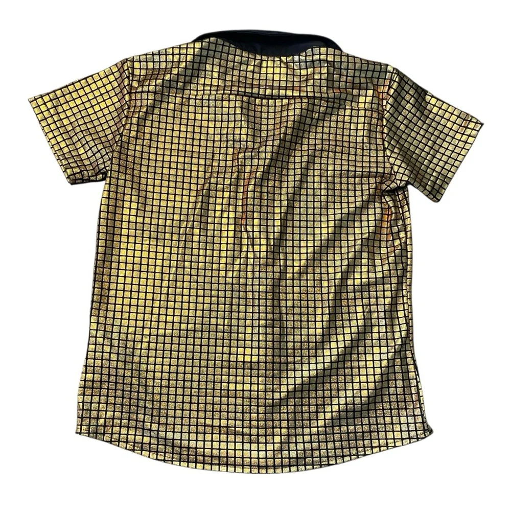 Boys Gold Grid Short-Sleeve Button-Down Shirt with Black Trim size 10 FLASHY 🌟